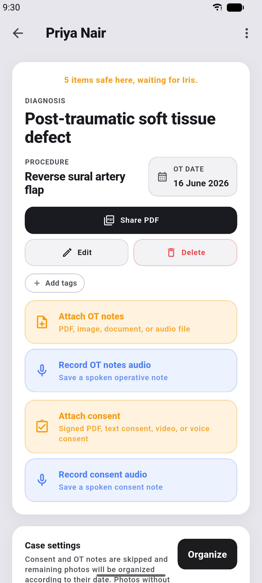 SurgiSafe case detail with consent and OT notes