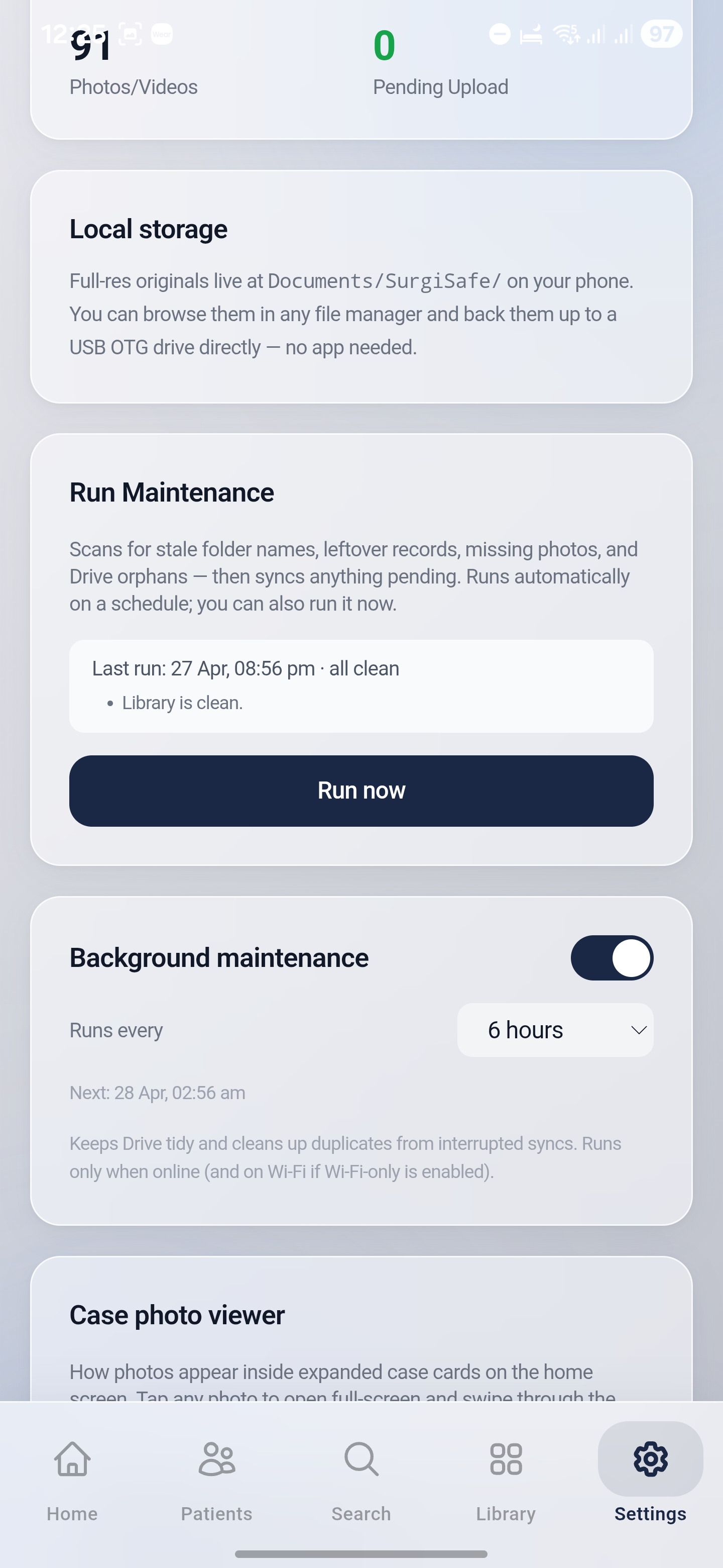 SurgiSafe Run Maintenance settings